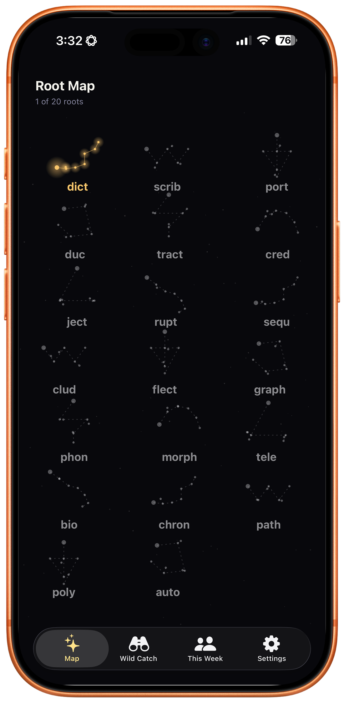 Radix home screen showing the root map, dark mode