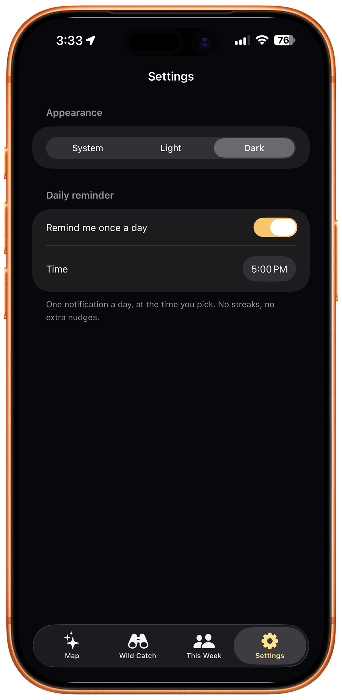 Radix settings screen showing the daily reminder toggle and time picker